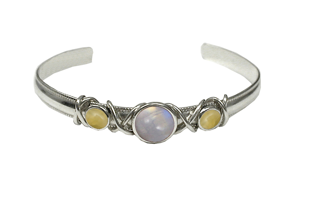 Sterling Silver Hand Made Cuff Bracelet With Rainbow Moonstone And Yellow Aragonite